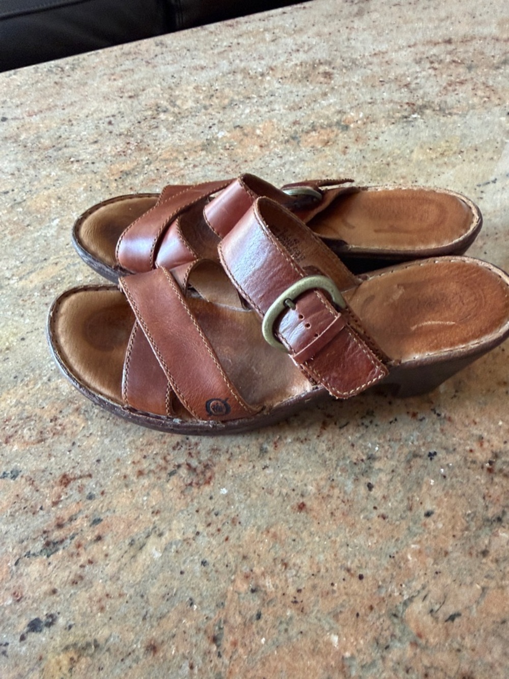 Born Cognac Brown Leather Slide Sandals with Crisscross Straps